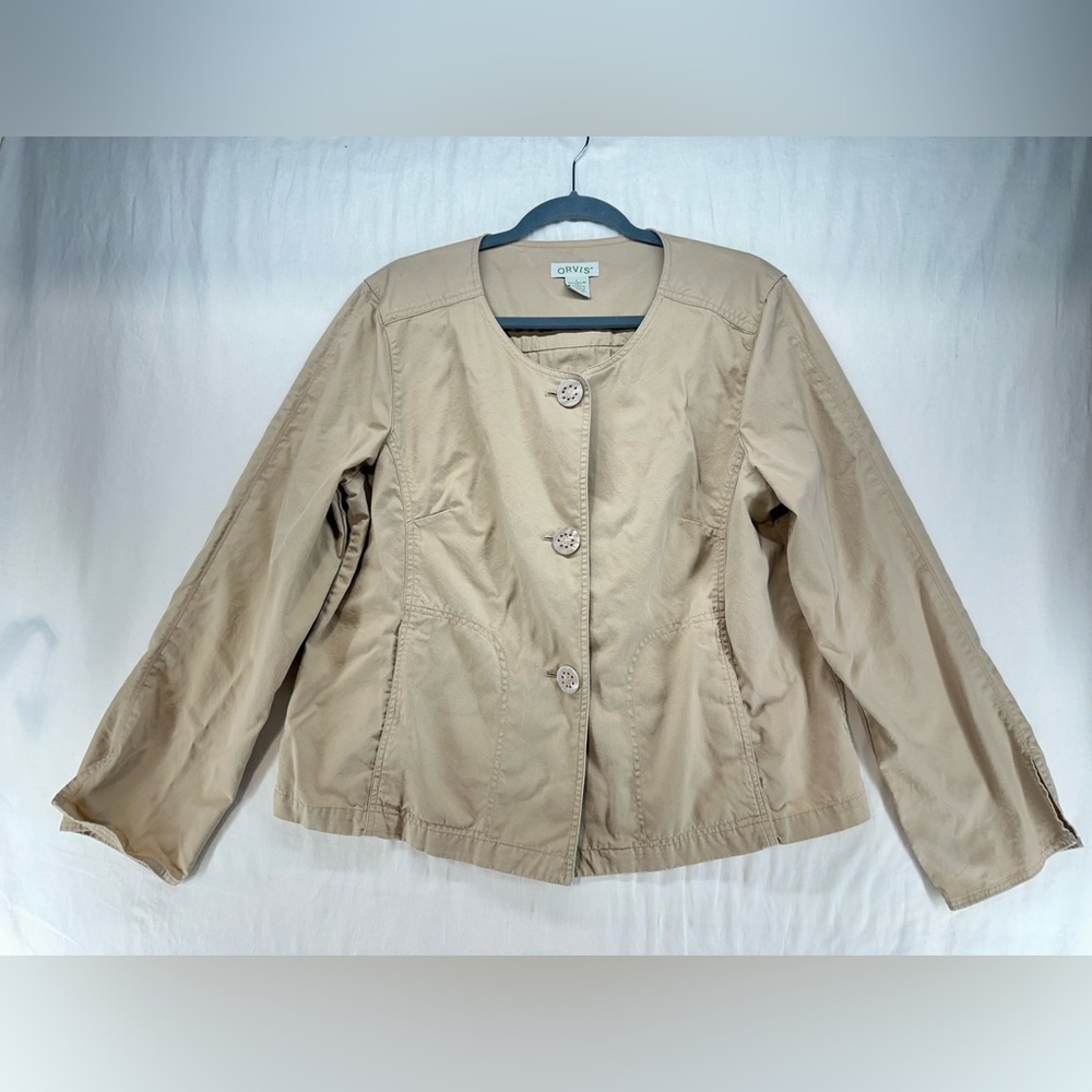 Orvis Jacket Button Up Long Sleeves Khaki Blazer Pleated Back Womens Size Large